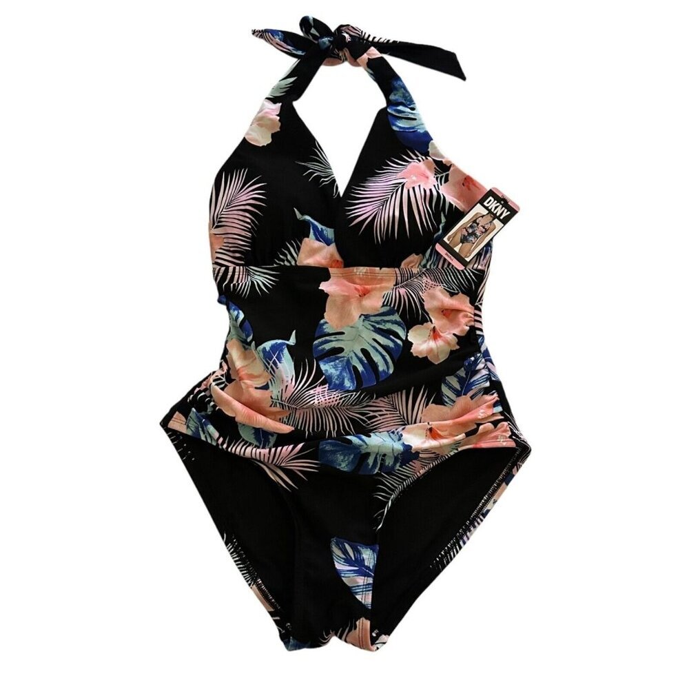 DKNY Size S Tropical Floral Halter One‎ Piece Swimsuit Black Tummy Control NWT
